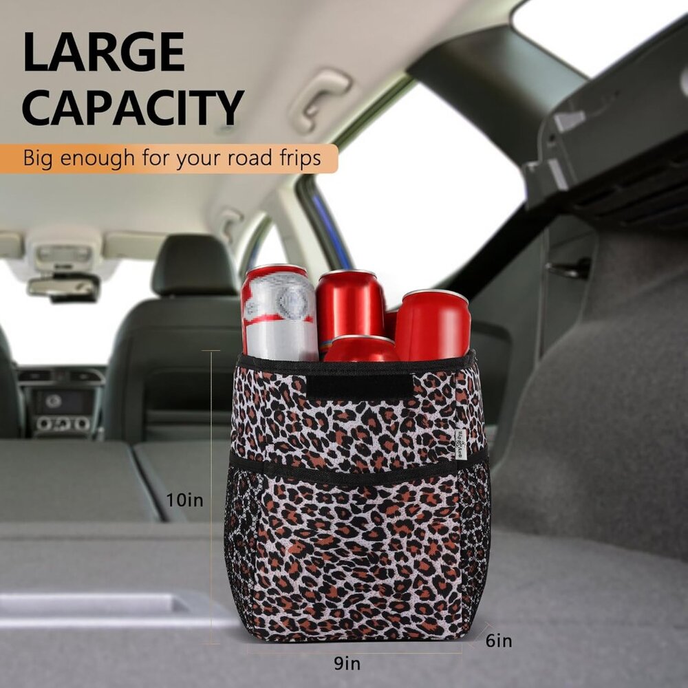 Car Cup Holder Coaster & Back Seat Trash Bin with Storage Pockets - Leopard Prin - Picture 3 of 7